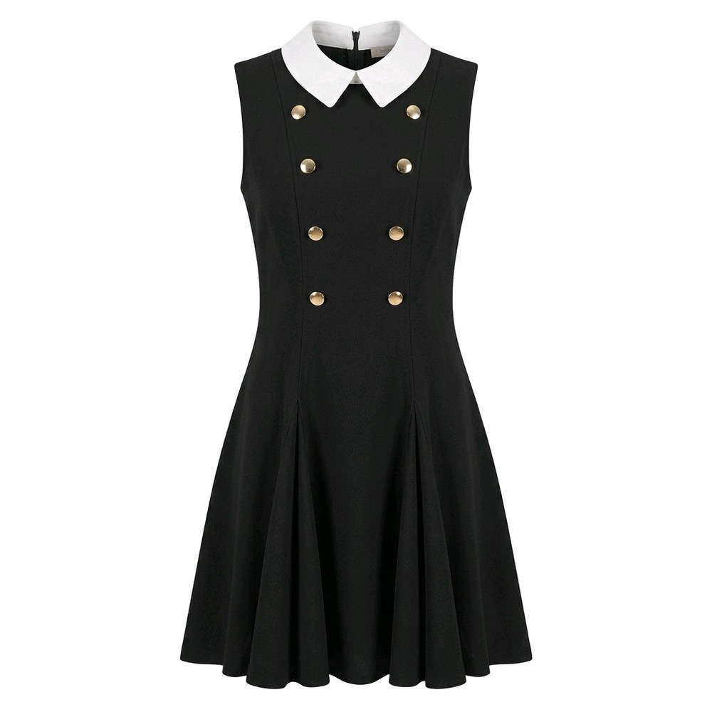 Tommy Hilfiger Women Black Peter Pan Collar Double Breasted Flare Dress Size 6